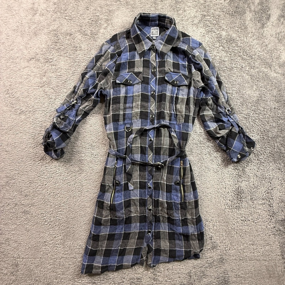 Seventy Two Changes Plaid Shirt Dress Sz 4 Blue Black Belted Midi Long Sleeve